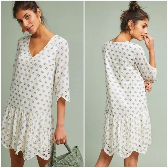 Anthropologie Meadow Rue Eyelet Floral Tunic Dress Ivory Extra Small - Picture 2 of 15